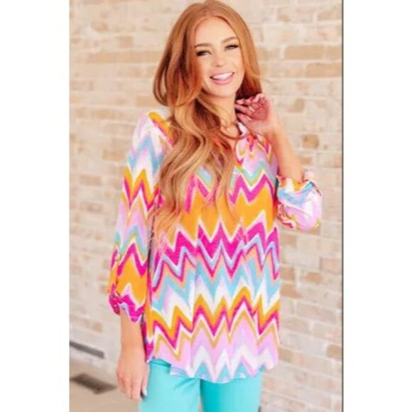 Dear Scarlett Womens Plus 2X Zigzag Charm Lizzy Tunic Top 3/4 Sleeve Shirt - Picture 1 of 11